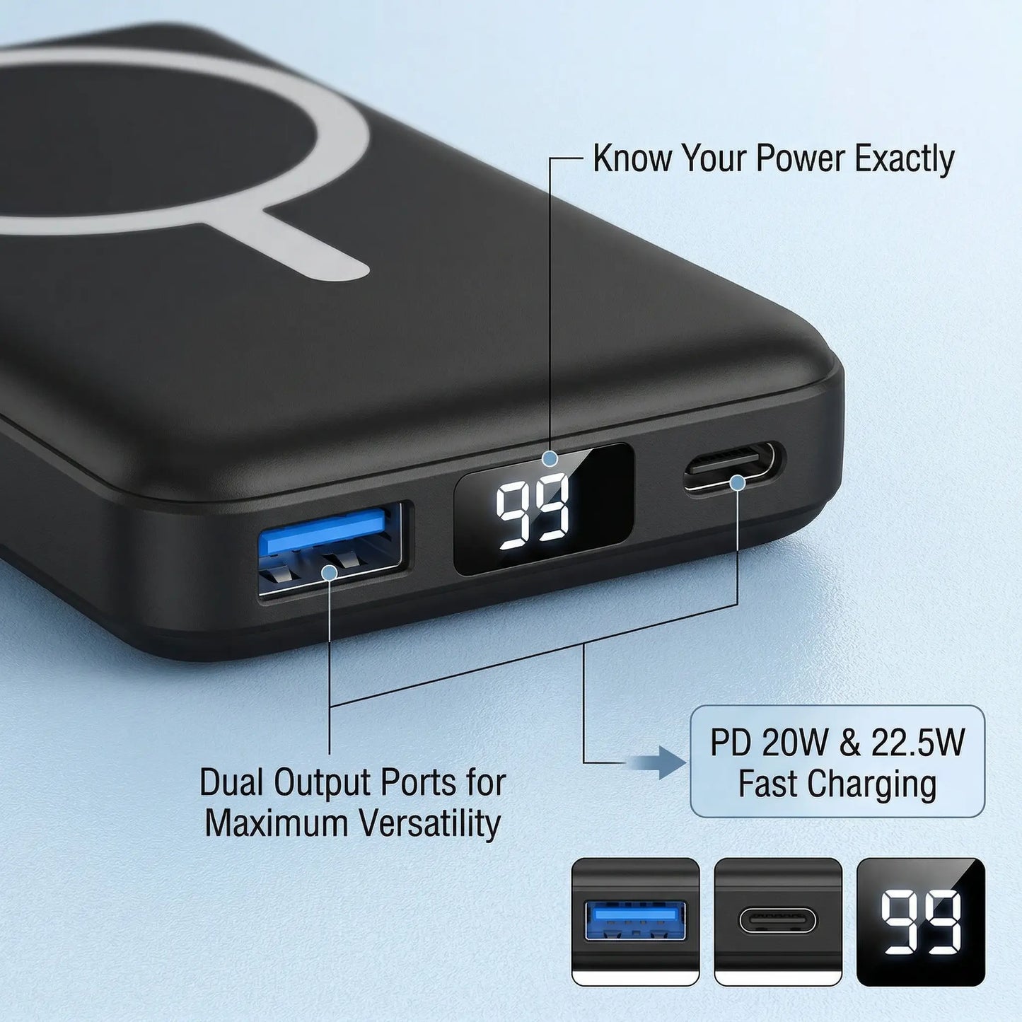 Podoru 10000mAh Magnetic MagSafe Portable Charger - 15W Wireless & 20W PD Fast Charging Battery Pack with LED Display, Compatible with iPhone 17/16/15/14/13/12, Smartphones & Earbuds