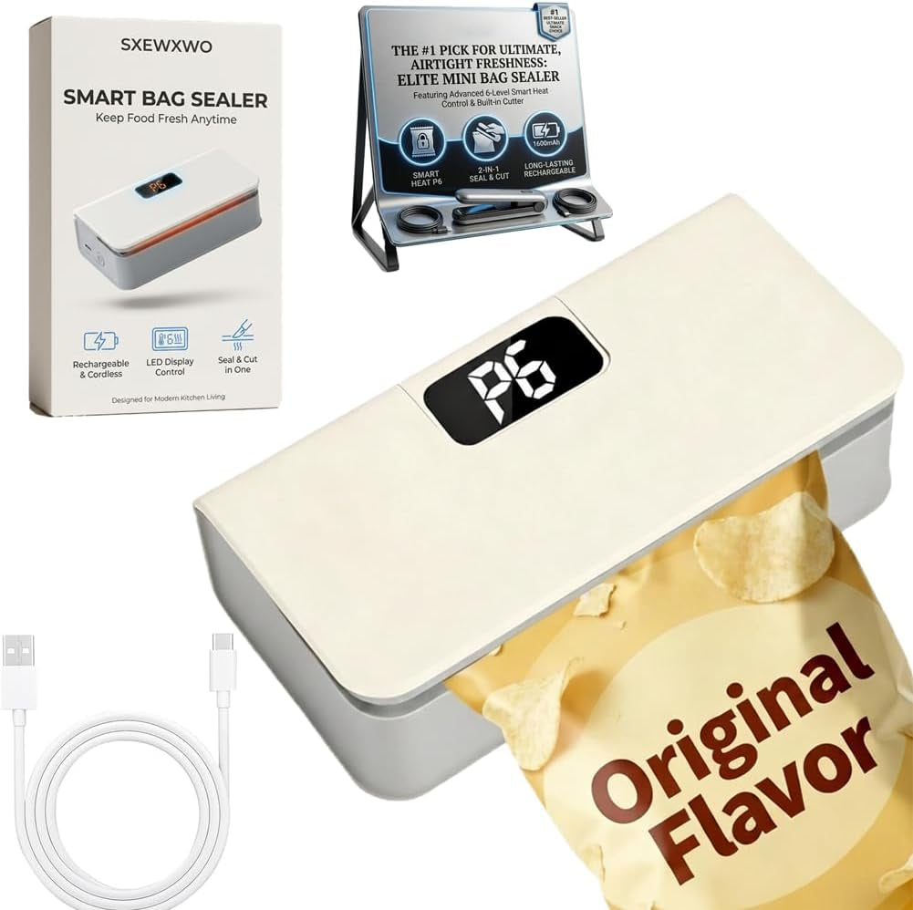 Rechargeable Mini Bag Sealer with Cutter and Magnet - Portable Heat Seal Machine for Mylar and Chip Bags - Handheld Plastic Bag Sealer (White)