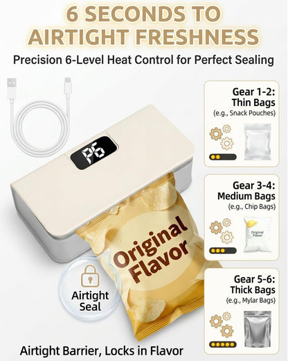 Rechargeable Mini Bag Sealer with Cutter and Magnet - Portable Heat Seal Machine for Mylar and Chip Bags - Handheld Plastic Bag Sealer (White)