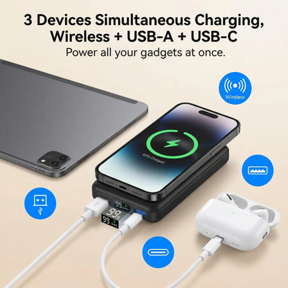 Podoru 10000mAh Magnetic MagSafe Portable Charger - 15W Wireless & 20W PD Fast Charging Battery Pack with LED Display, Compatible with iPhone 17/16/15/14/13/12, Smartphones & Earbuds
